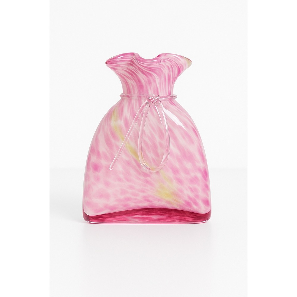 Hand-Blown Murano-Style Glass Dress Vase Pink White Swirl Clear Ribbon Art